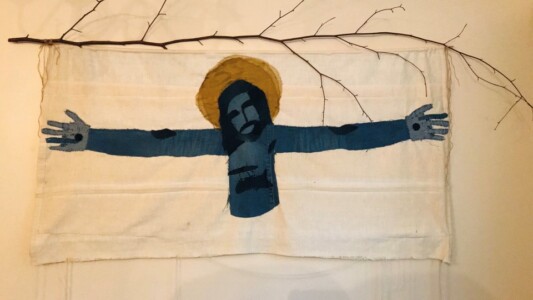 “I found my home here in your arms.” ( by Angel). Inspired from an Icon, found whilst on honeymoon. Made from denim, organza and hand stitches of love, worship, adoration and a step closer to being enfolded in his protective arms.